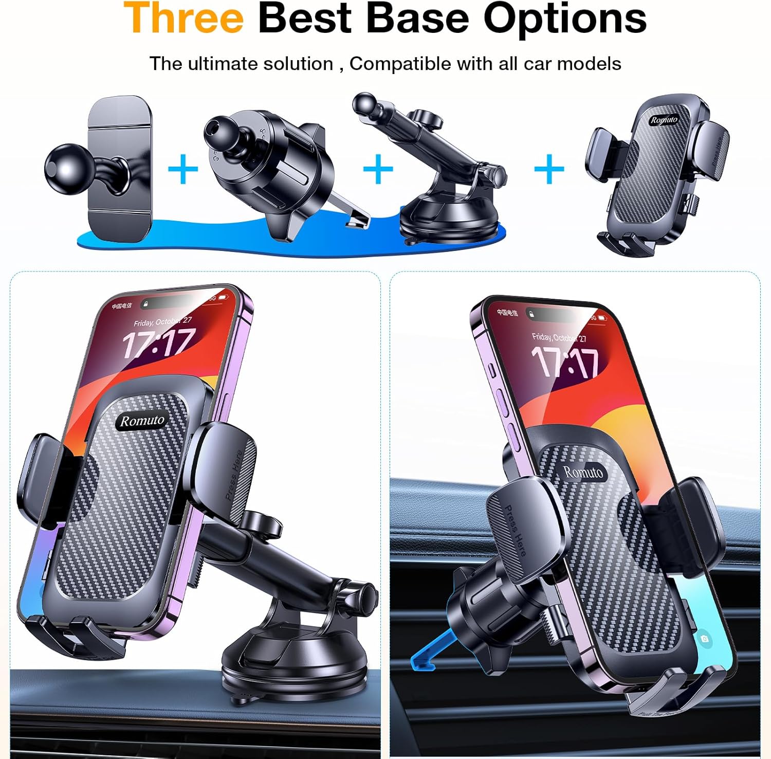Romuto Phone Holders for Your Car Phone Holder Mount【Super Suction】Cell Phone Mount for Car Accessories for Women Men Windshield/Vent/Dashboard Pad Mount Truck Stand GPS Dash Holder for iPhone Samsung