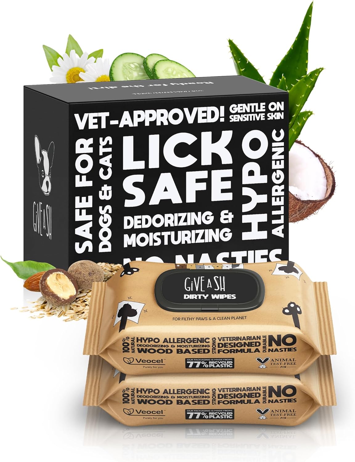 Lick-safe daily pet wipes for dogs and cats, vet-approved, hypoallergenic, unscented, earth-friendly, 100-count
