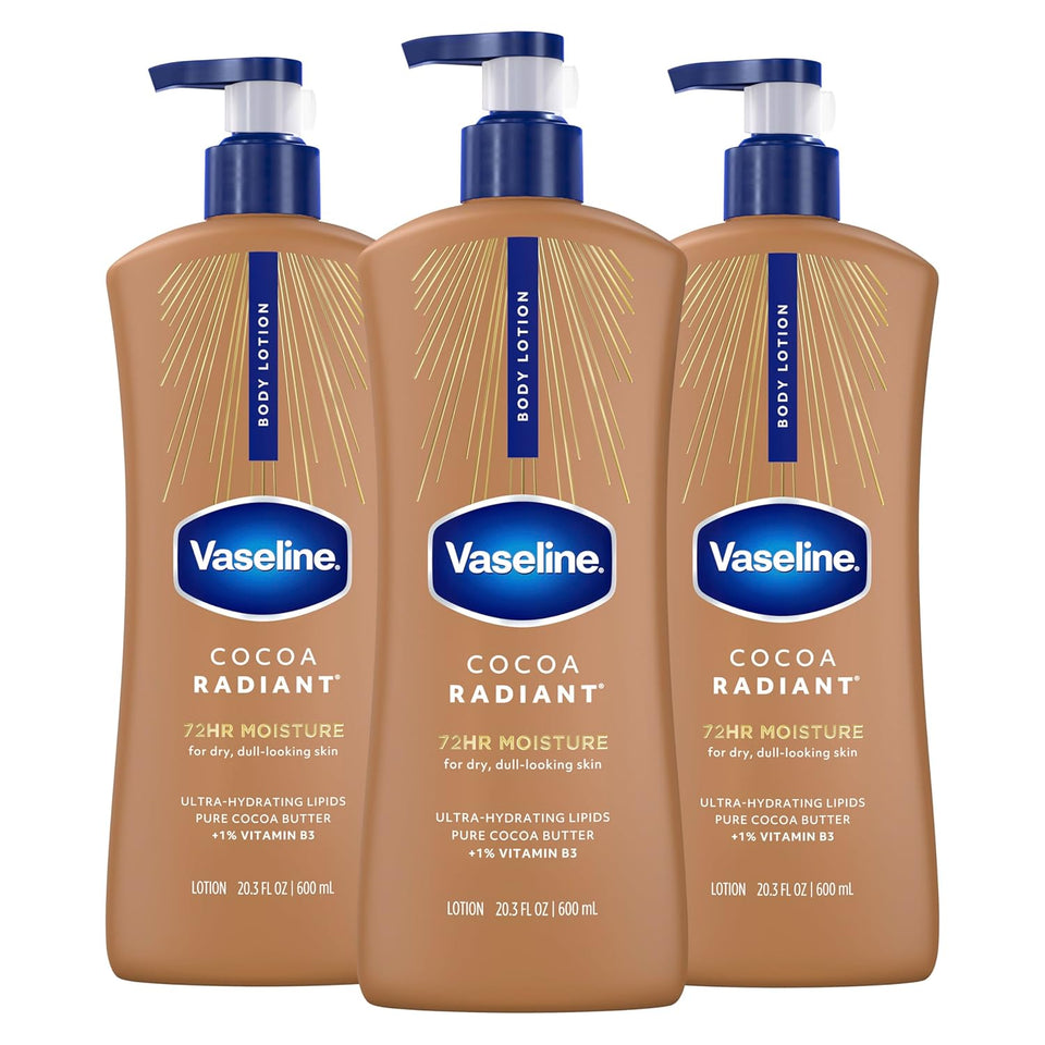 Vaseline Intensive Care Body Lotion Cocoa Radiant 3 count for Dry Skin Lotion Made with Ultra-Hydrating Lipids and PLre Cocoa Butter for a Long-Lasting, Radiant Glow 20.3 Oz