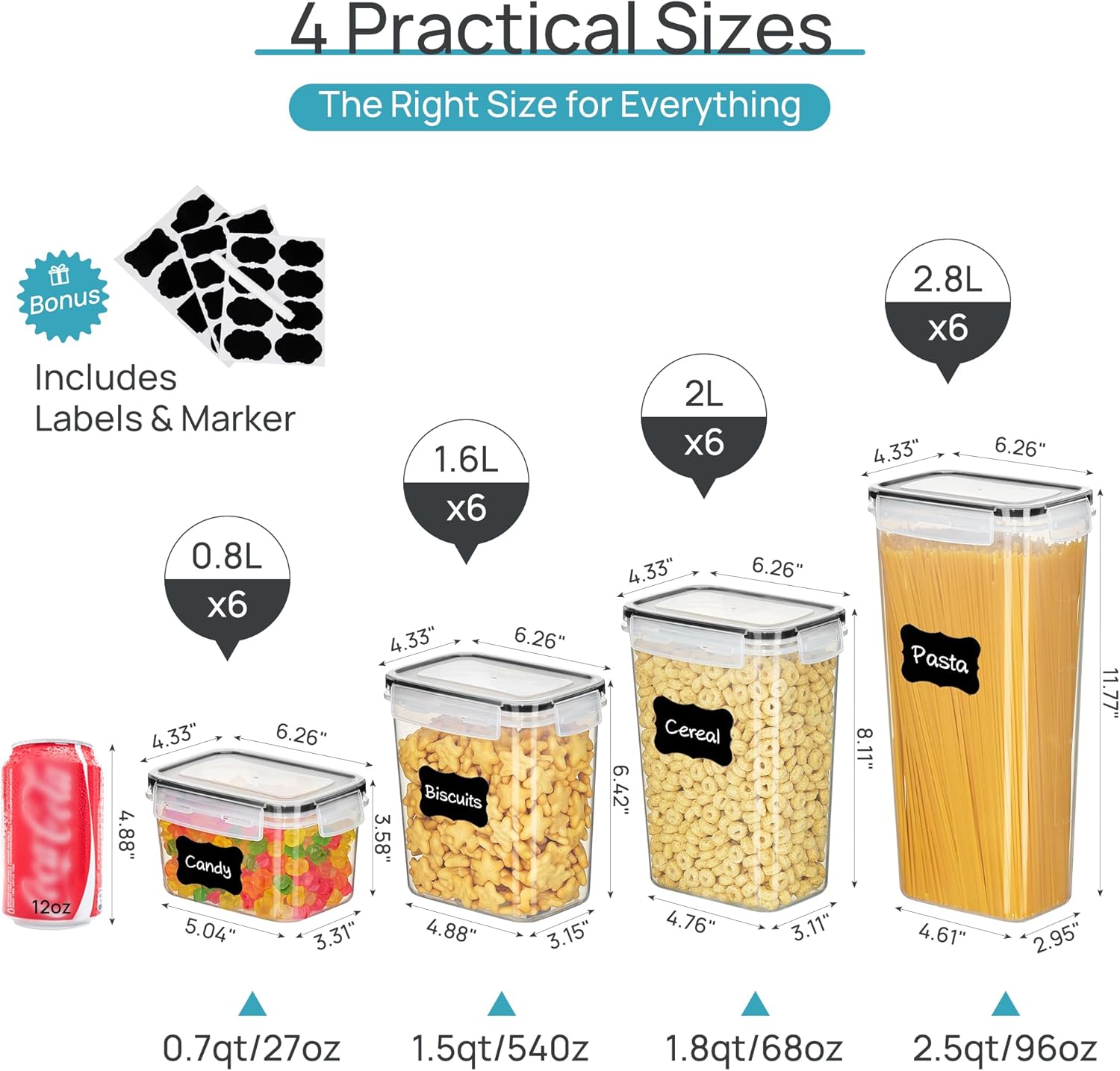 Airtight Food Storage Containers with Lids, Vtopmart 24 pcs Plastic Kitchen and Pantry Organization Canisters for Cereal, Dry Food, Flour and Sugar, BPA Free, Includes 24 Labels，Black