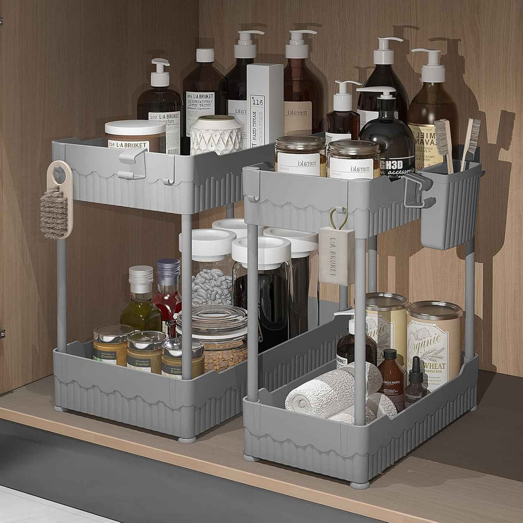 2 Pack Under Sink Organizer, Under Bathroom Cabinet Organizer with Hooks Hanging Cup, Multi-Purpose Storage Shelf for Kitchen Bathroom, Black
