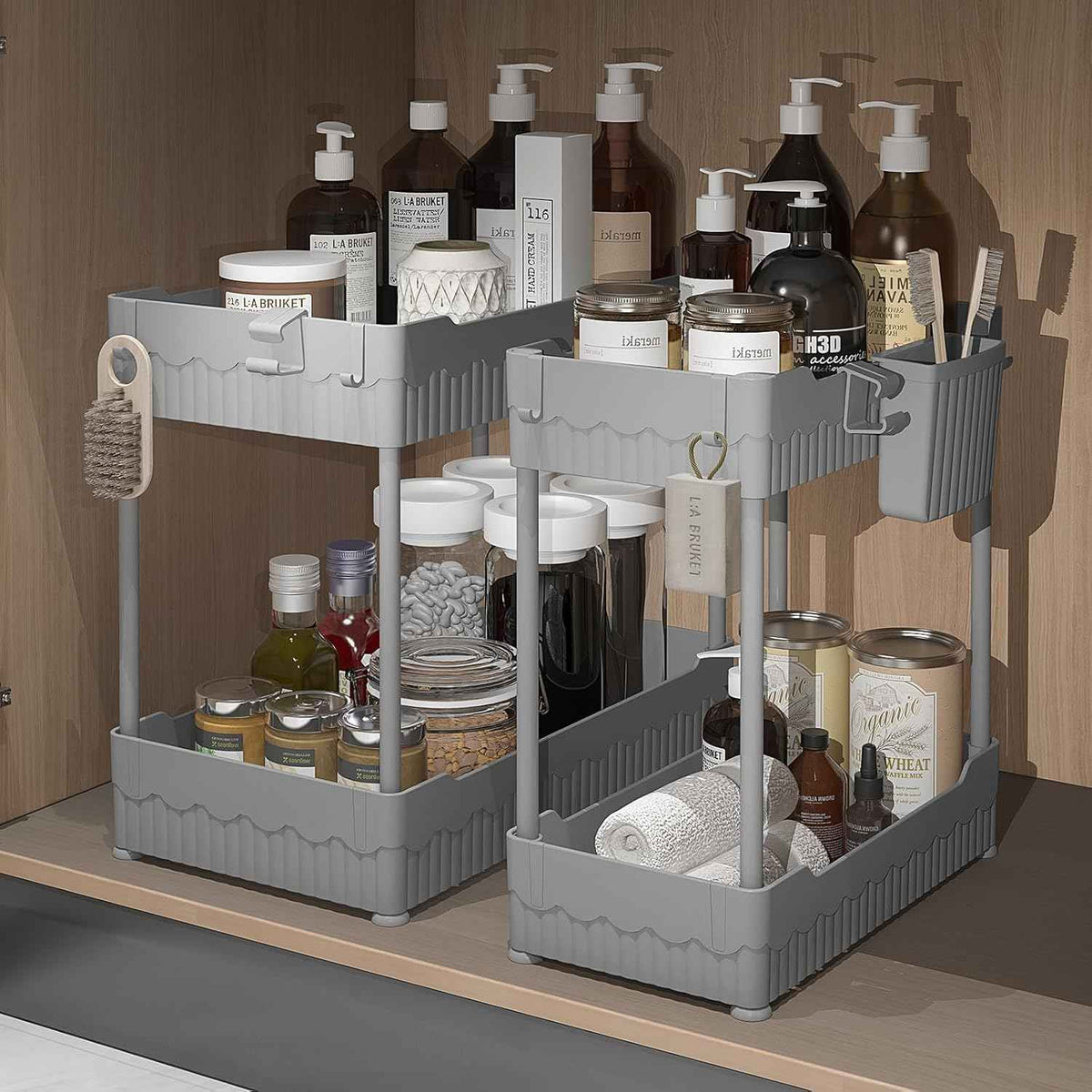 2 Pack Under Sink Organizer, Under Bathroom Cabinet Organizer with Hooks Hanging Cup, Multi-Purpose Storage Shelf for Kitchen Bathroom, Black