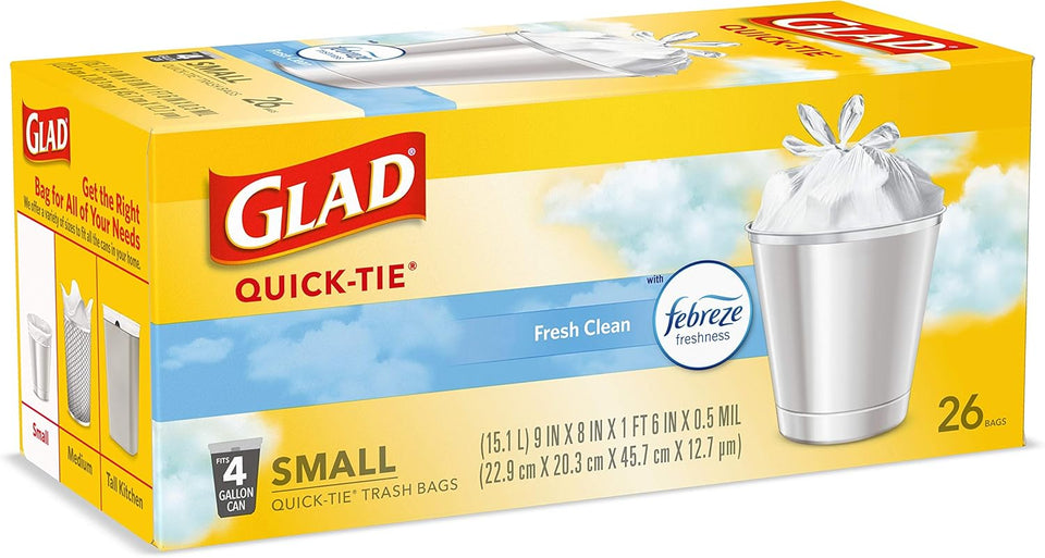 Glad Small Trash Bags 4 Gallon, Febreze Fresh Clean Garbage Bags, Odor Resistant with Quick Tie, 26 Count - PureLivingMart