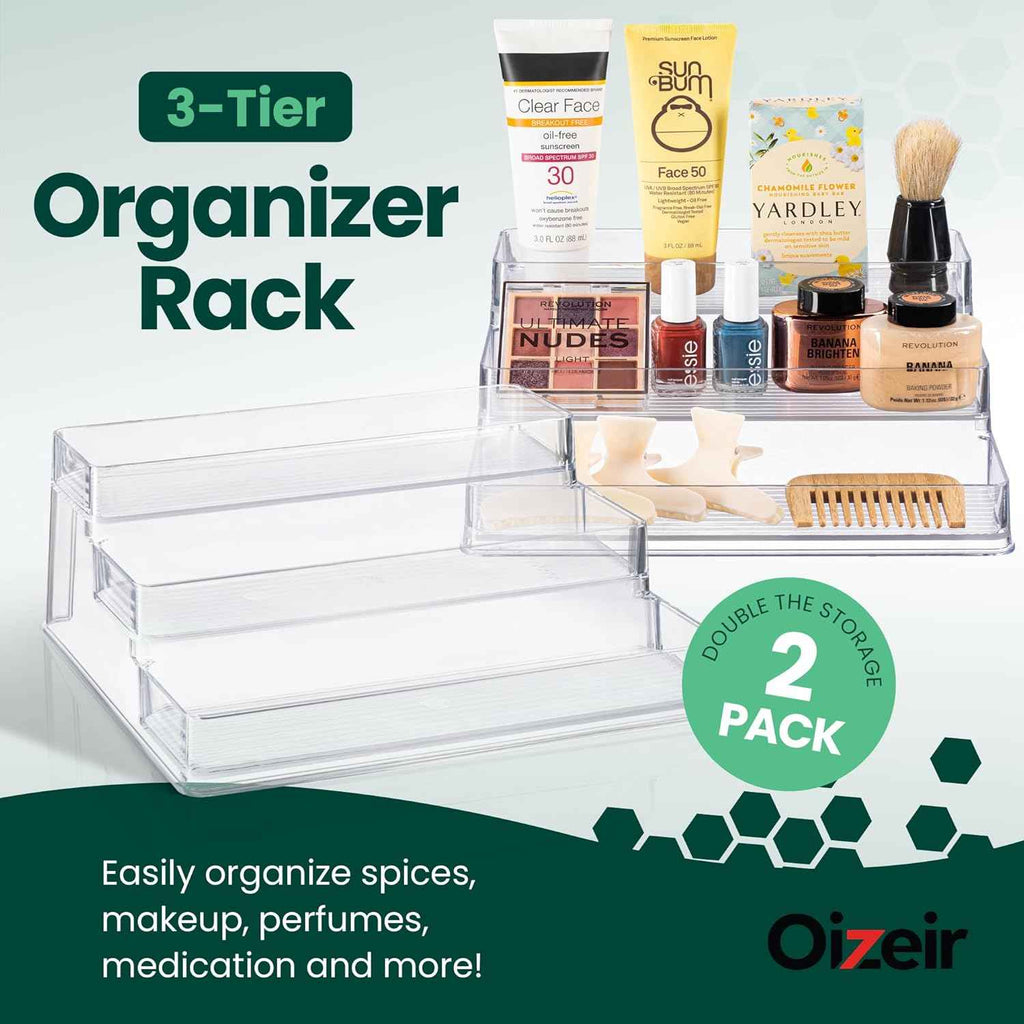 2-Pack Oizeir Clear Acrylic Spice Rack with 3-Tier Organizer for Cabinet - 10.4 x 9.6 x 4 Inches