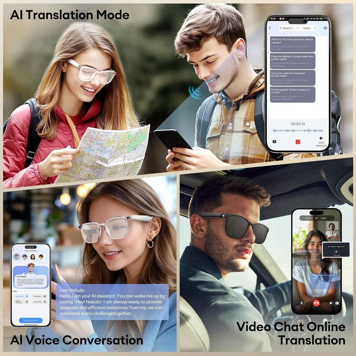 AI Smart Glasses, Bluetooth 5.4 Translation Glasses with 144 Language & Accents, Blue Light Filtering Lenses, Multifunctional Smart Glasses for Men Women, Travel Meeting Trade Business HY-C8 White