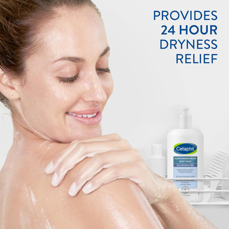 Cetaphil Body Wash, Moisturizing Relief Body Wash for Sensitive Skin, Creamy Rich Formula Gently Cleanses and Gives 24 Hour Relief to Dry Skin, Hypoallergenic, Fragrance Free, 20 oz
