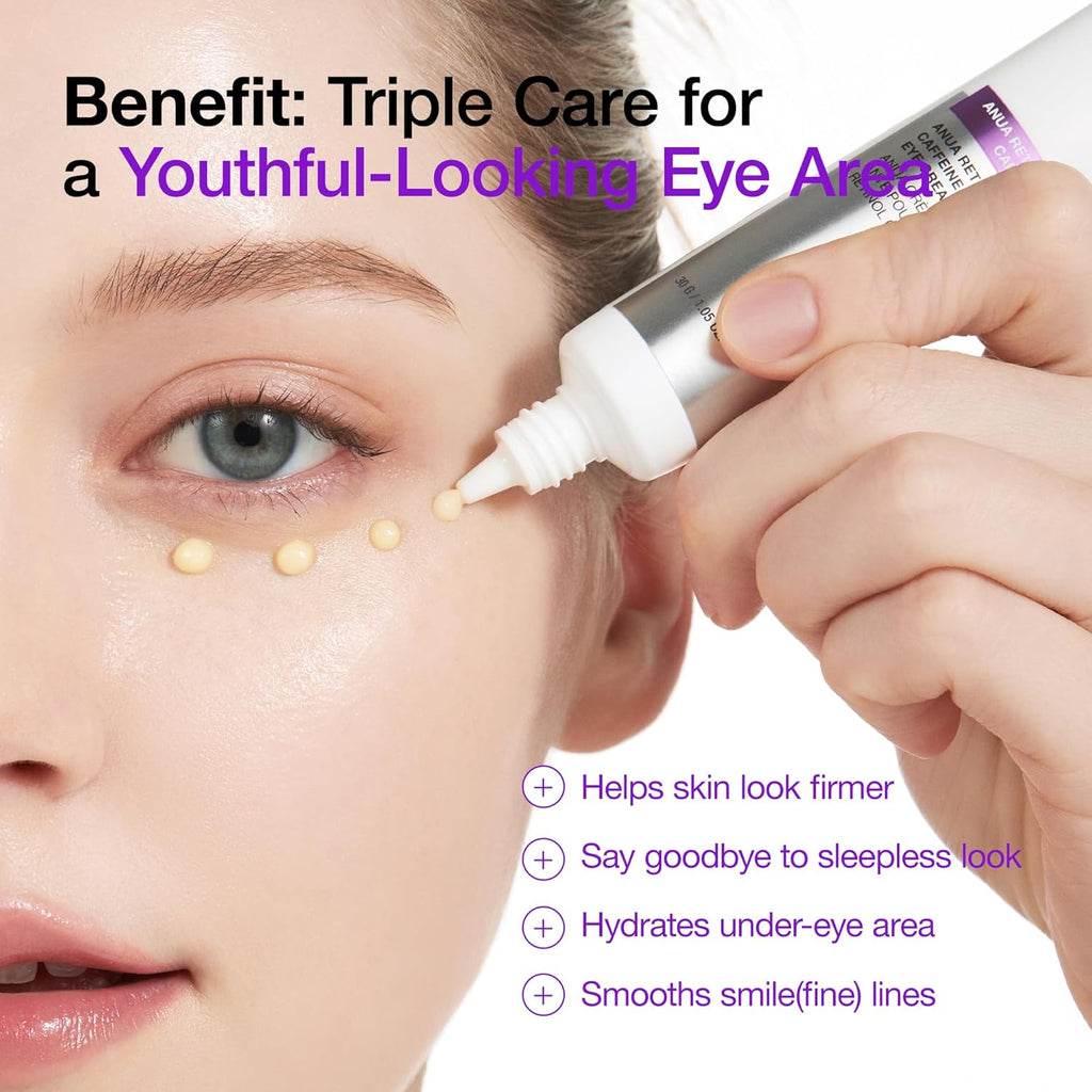 Anua Retinol 0.1 Caffeine Revitalizing Eye Cream, Lightweight Formula for Dark Circles & Puffiness, Hydrating for Sensitive Skin, Korean Skincare,1.05 fl oz