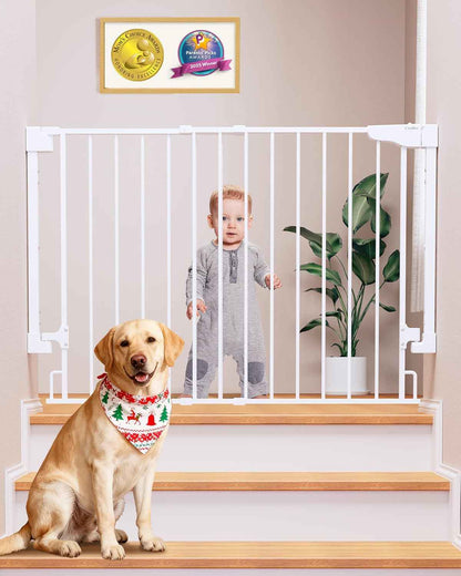 Cumbor 29.2–43" Baby Gate for Stairs, Wall-Mounted (Drill Required), Expandable No Bottom Bar Dog Gate, Auto Close Extra Wide Walk Thru, Pet & Toddler Proof Gate, Top & Bottom of Stairways (White)