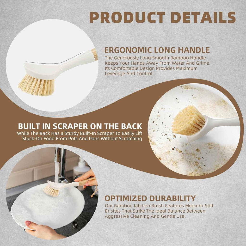 Bamboo dish scrubber brush set with built-in scraper for eco-friendly kitchen cleaning
