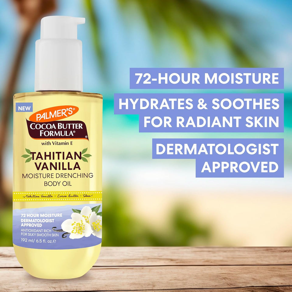 Palmer's Cocoa Butter Formula Body Oil, Moisture Drenching Tahitian Vanilla, 6.5 Oz, 72Hr Hydration with Shea Butter & Vitamin E for Softer Skin, Protects & Soothes Dryness, Dermatologist Approved