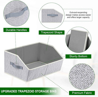 Closet Organizers Bins 6 Packs - Large Closet Shelf Organizer with Handles, Fabric Trapezoid Storage Bins, Collapsible Storage Cubes for Clothes, Towels, Light Gray