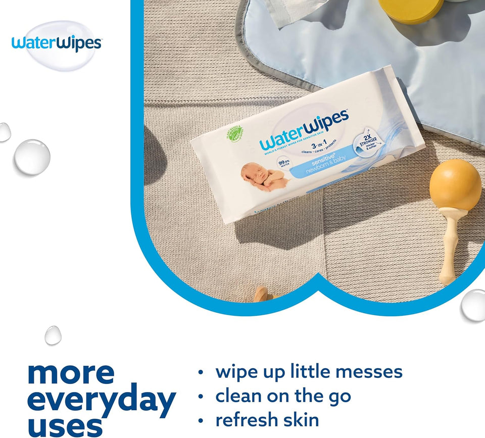 WaterWipes Sensitive+ Newborn & Baby Wipes, 3-In-1 Cleans, Cares, Protects, 99.9% Water, Unscented & Hypoallergenic, 720 Count (12 Packs)