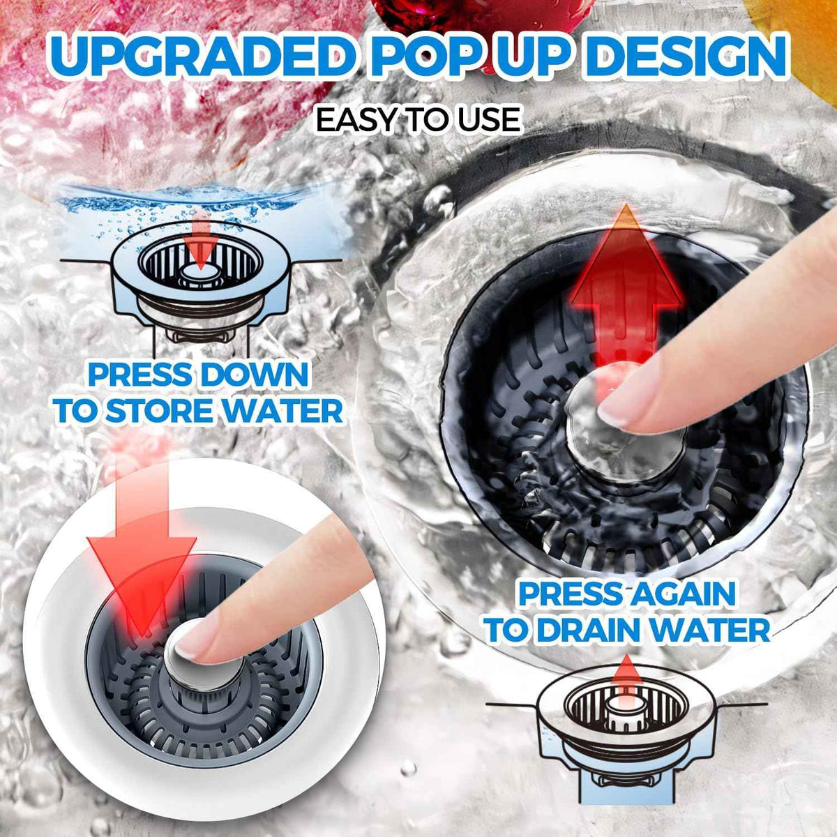 Upgraded 3in1 Kitchen Sink Drain Strainer & Sink Stopper, Stainless Steel Kitchen Drain Plug & Sink Installation Parts with Anti-Clogging Basket, Fit US Standard 3-1/2'' Sink Drain Hole, Silver