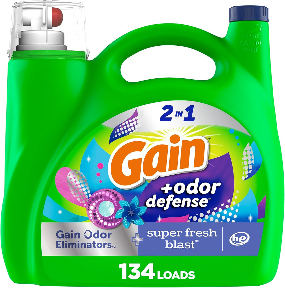 Gain Odor Defense Liquid Laundry Detergent, Super Fresh Blast Scent, 194 fl oz, 134 loads, 2 in 1, Laundry Detergent Liquid Soap, HE compatible