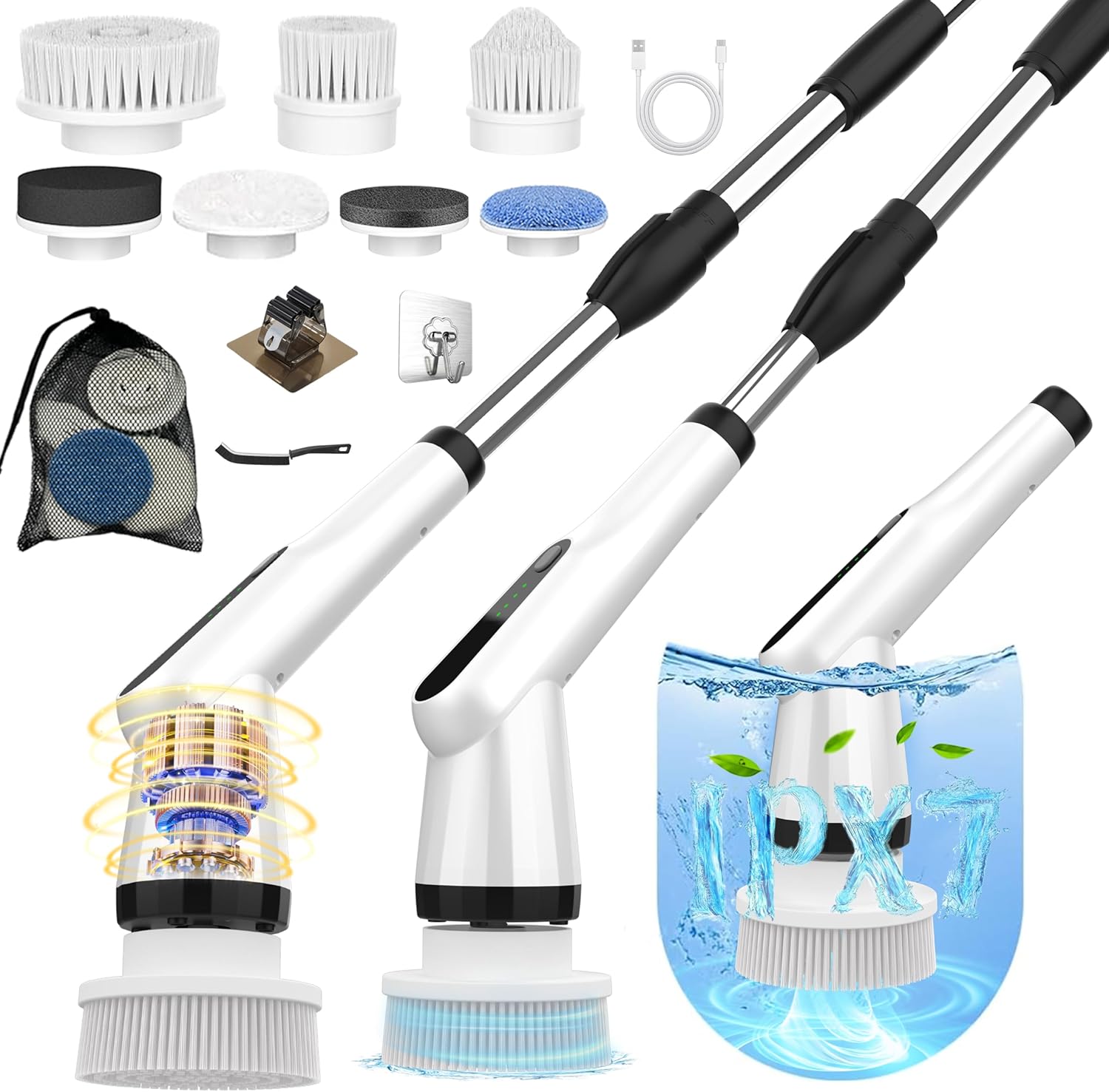 Electric Spin Scrubber, Dreazu IPX7 Shower Scrubber with 7 Replaceable Brush Heads & Retractable Handle, 2-Speed Adjustable Shower Cleaner for Bathroom, Bathtub, Kitchen, Tile Floors