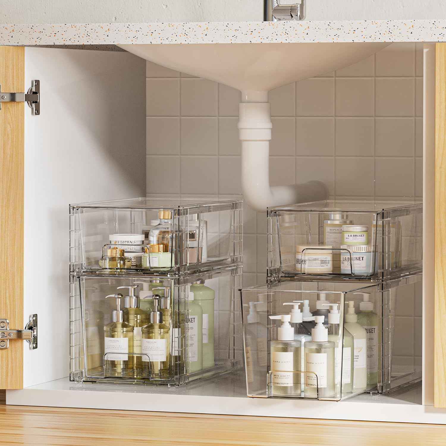 Vtopmart 4 Pack Clear Stackable Storage Drawers,Under Sink and Kitchen Organizers Storage,Easy to Assemble Plastic Drawers for Baby Bottle,Medicine, Bathroom,Cabinet and Pantry Organization