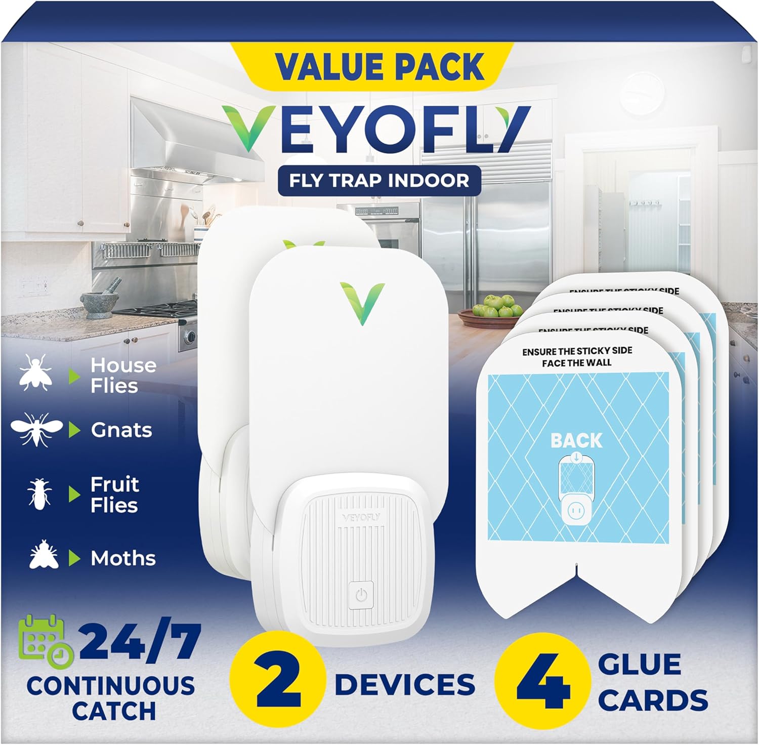 VEYOFLY Fly Trap Indoor, Fruit Fly Traps for Indoors Flying Insect (2 Device + 4 Refills) Gnat Traps for House Indoor, Bug Zapper Indoor, Gnat Killer Catcher & Fruit Fly Killer Light Plug in