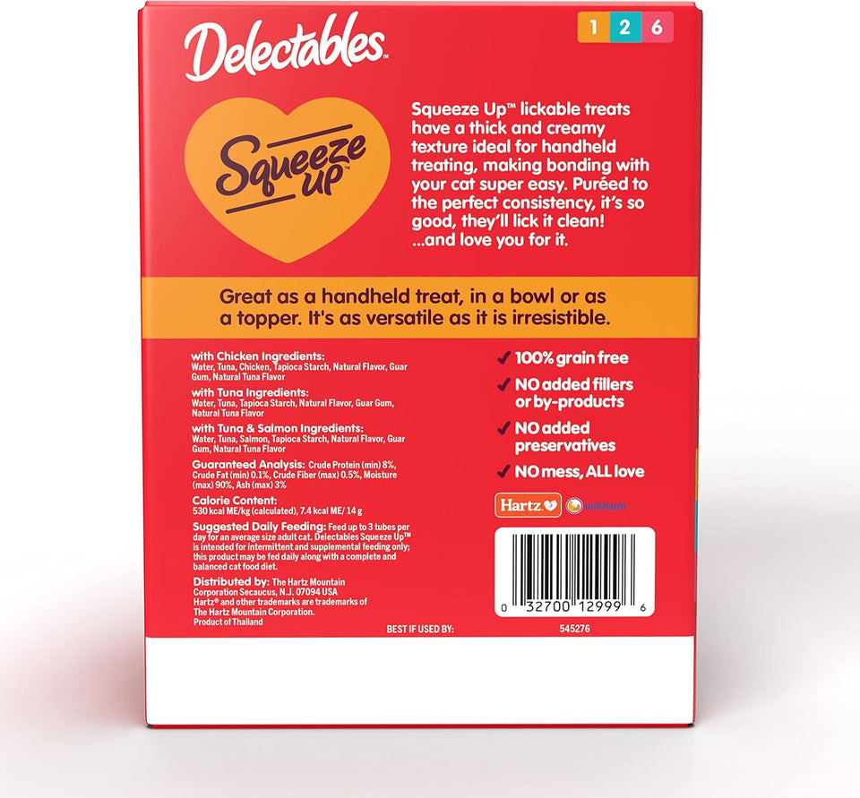 Delectables Squeeze Up Variety Pack, Creamy Squeezable PLree, Lickable Wet Cat Treats, Grain Free, No Added Fillers, No By-Products, No Added Preservatives, 0.5 Ounces Tube, 54 Tubes Total
