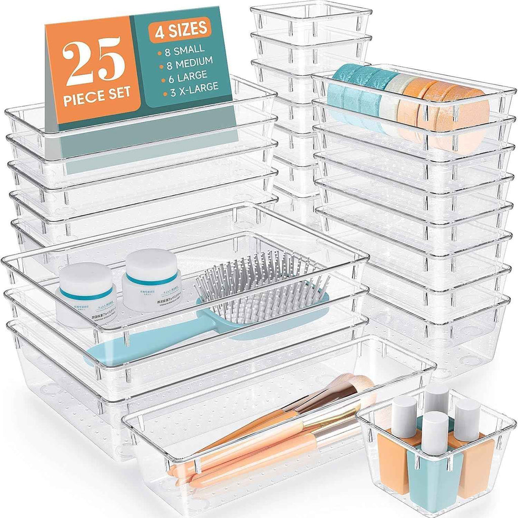 16 PCS Drawer Organizer Set, 5 Varied Size Bathroom and kitchen Drawer cabinet organizer Trays, Clear Storage Bins for Makeup, Jewelry, Utensils and Gadgets