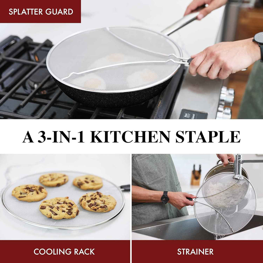 13 Inch Stainless Steel Grease Splatter Guard for Frying Pan - BergKoch Splatter Screen for Cooking Fried Chicken, Bacon, and Popcorn