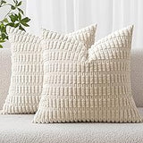 MIULEE Pack of 2 Corduroy Decorative Throw Pillow Covers 18x18 Inch Soft Boho Striped Pillow Covers Modern Farmhouse Home Decor for Sofa Living Room Couch Bed Cream White