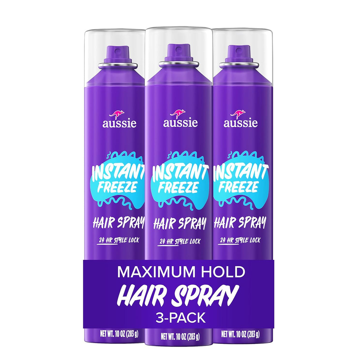 Aussie Instant Freeze Hair Spray for Extreme Hold, Infused with Jojoba Oil & Sea Kelp, Long-Lasting All-Day Fresh Citrus Scent, Safe for All Hair Types, 10 Fl Oz, 3 Pack