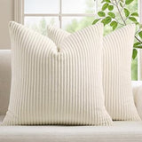 MIULEE Pack of 2 Corduroy Decorative Throw Pillow Covers 18x18 Inch Soft Boho Striped Pillow Covers Modern Farmhouse Home Decor for Sofa Living Room Couch Bed Cream White