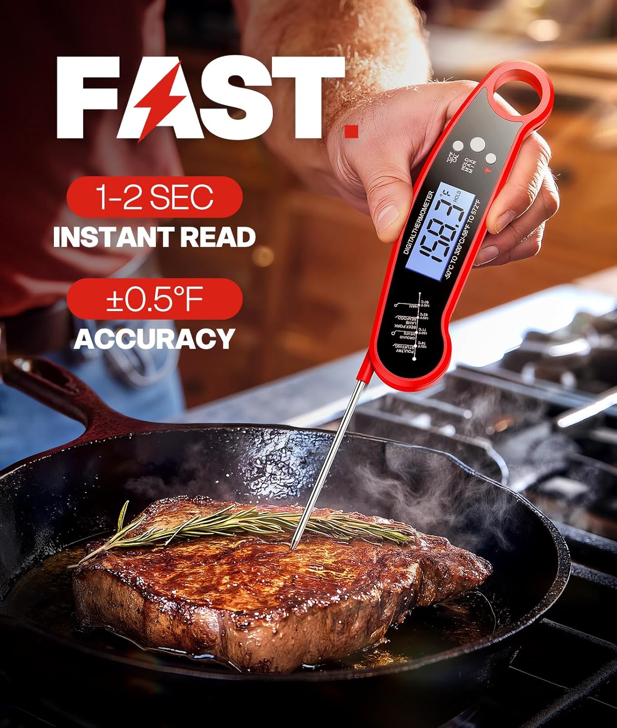 Meat Thermometer Digital - Instant Read Food Thermometer for Cooking Grilling, Candy, Air Fryer, Griddle Probe Kitchen Gadgets Essentials BBQ Accessories, Gifts for Men, Mom, Dad, Red