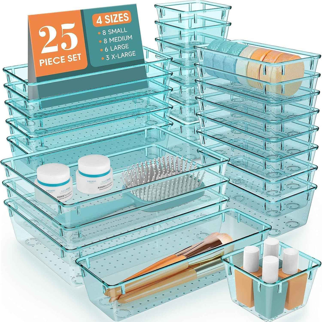 16 PCS Drawer Organizer Set, 5 Varied Size Bathroom and kitchen Drawer cabinet organizer Trays, Clear Storage Bins for Makeup, Jewelry, Utensils and Gadgets
