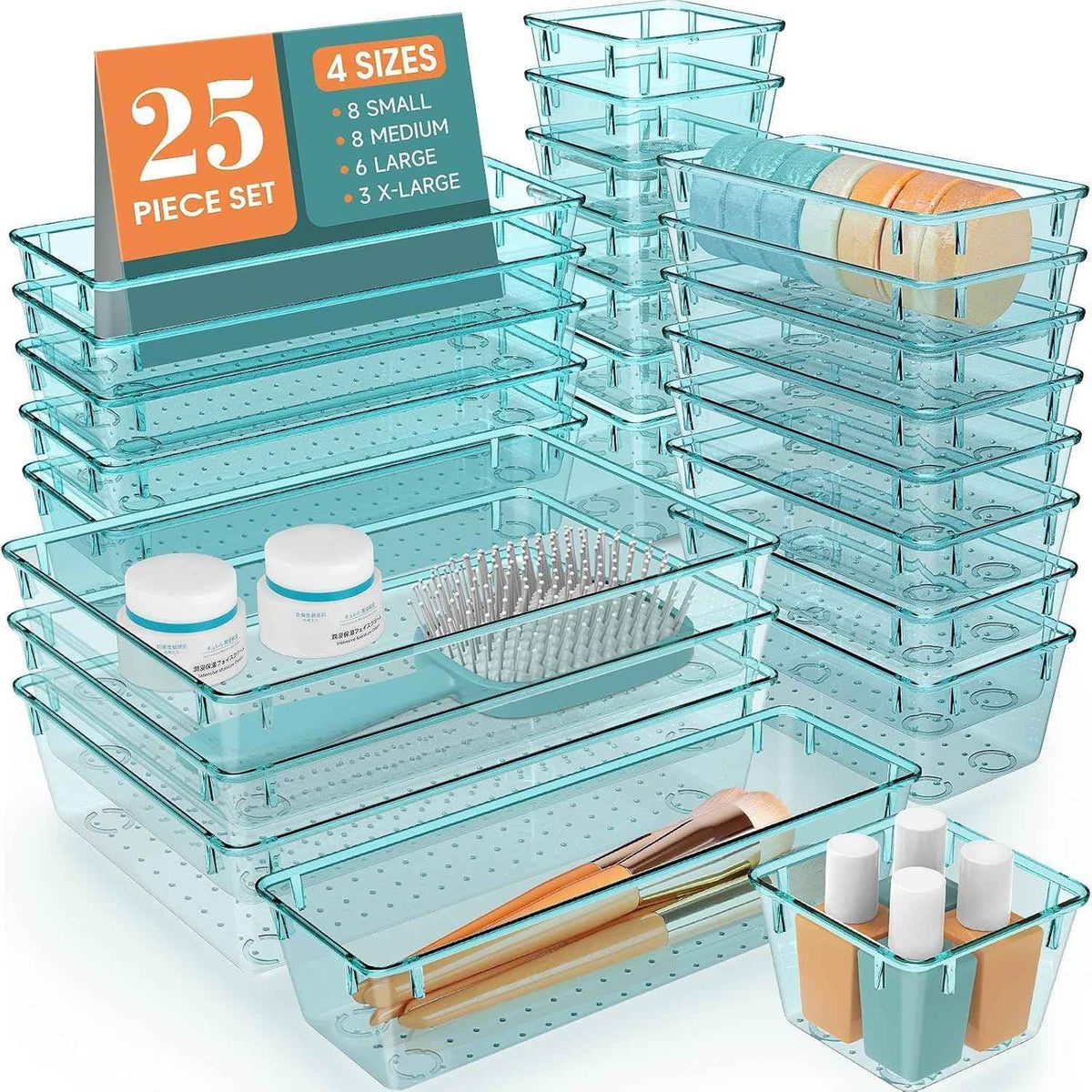 16 PCS Drawer Organizer Set, 5 Varied Size Bathroom and kitchen Drawer cabinet organizer Trays, Clear Storage Bins for Makeup, Jewelry, Utensils and Gadgets