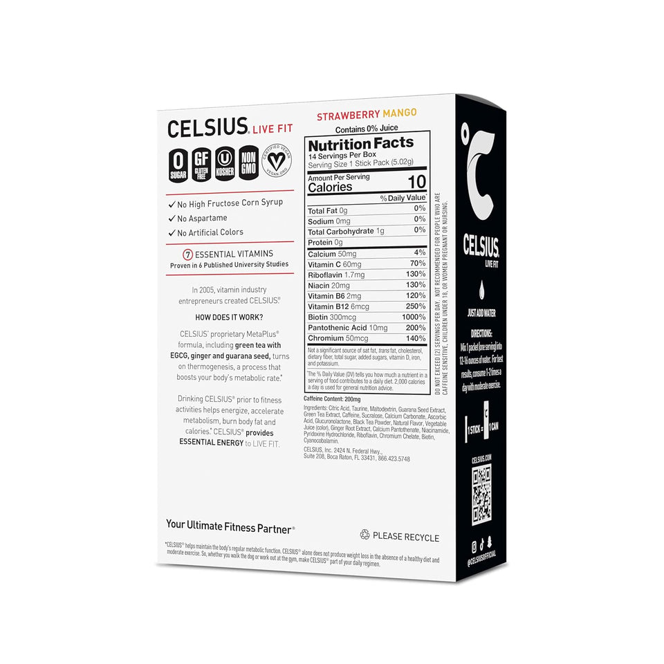 CELSIUS On The Go Strawberry Mango, Sugar Free Energy Drink Mix (14 Sticks per Pack)