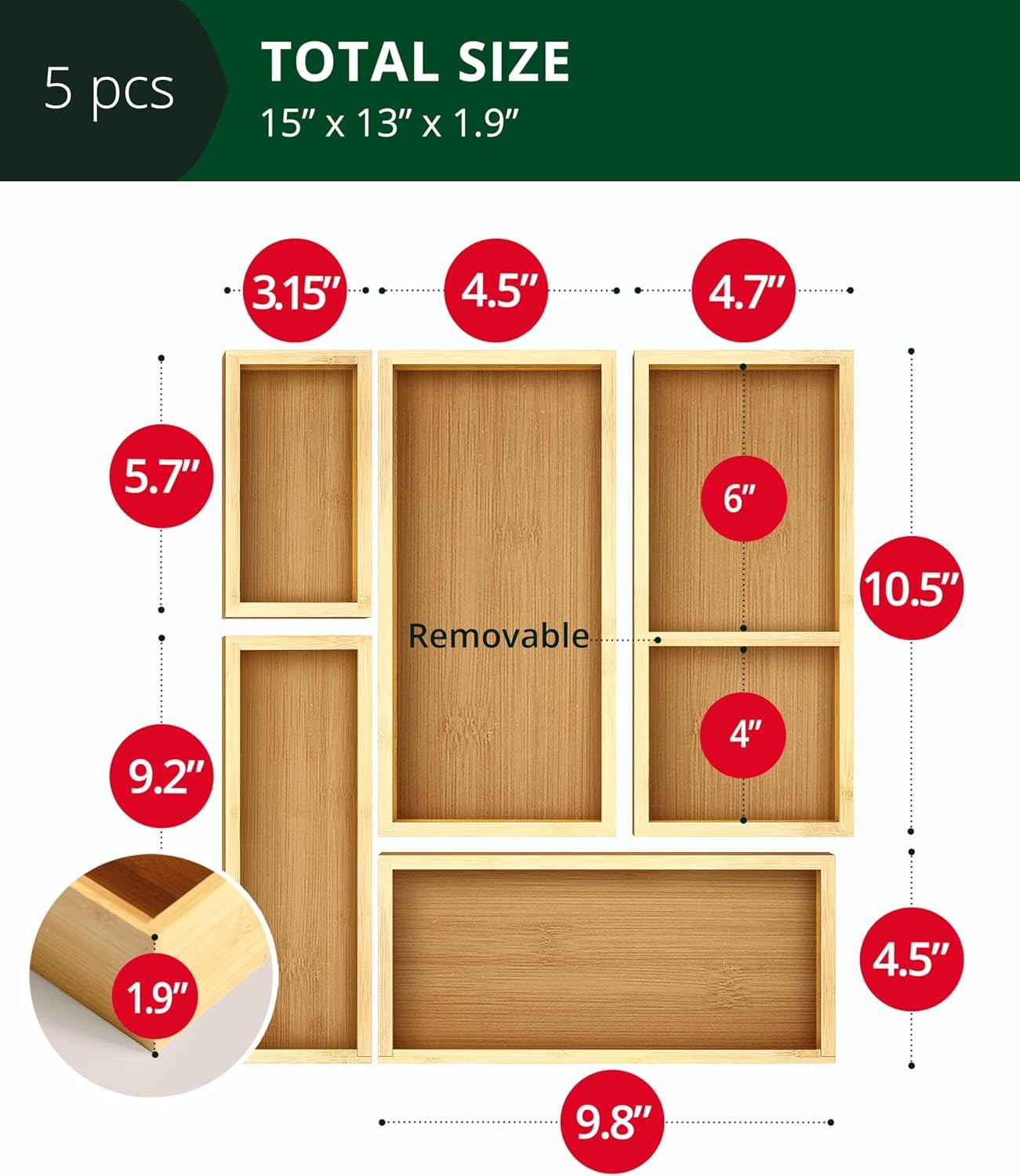 ROYAL CRAFT WOOD 5-Piece Bamboo Drawer Organizer Set – Multi-Use Storage Trays for Kitchen, Bathroom, Office, Makeup, Jewelry & More – Junk Drawer Tray, Utensil Holder, Storage Box & Bin Set (5 Boxes)