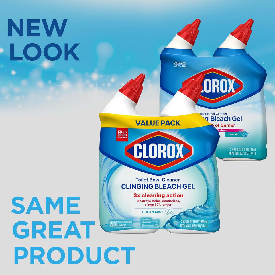 Clorox Toilet Bowl Cleaner Clinging Bleach Gel with Ocean Mist Scent - 6 inches x 6 inches - 1 pound - Bleach Gel