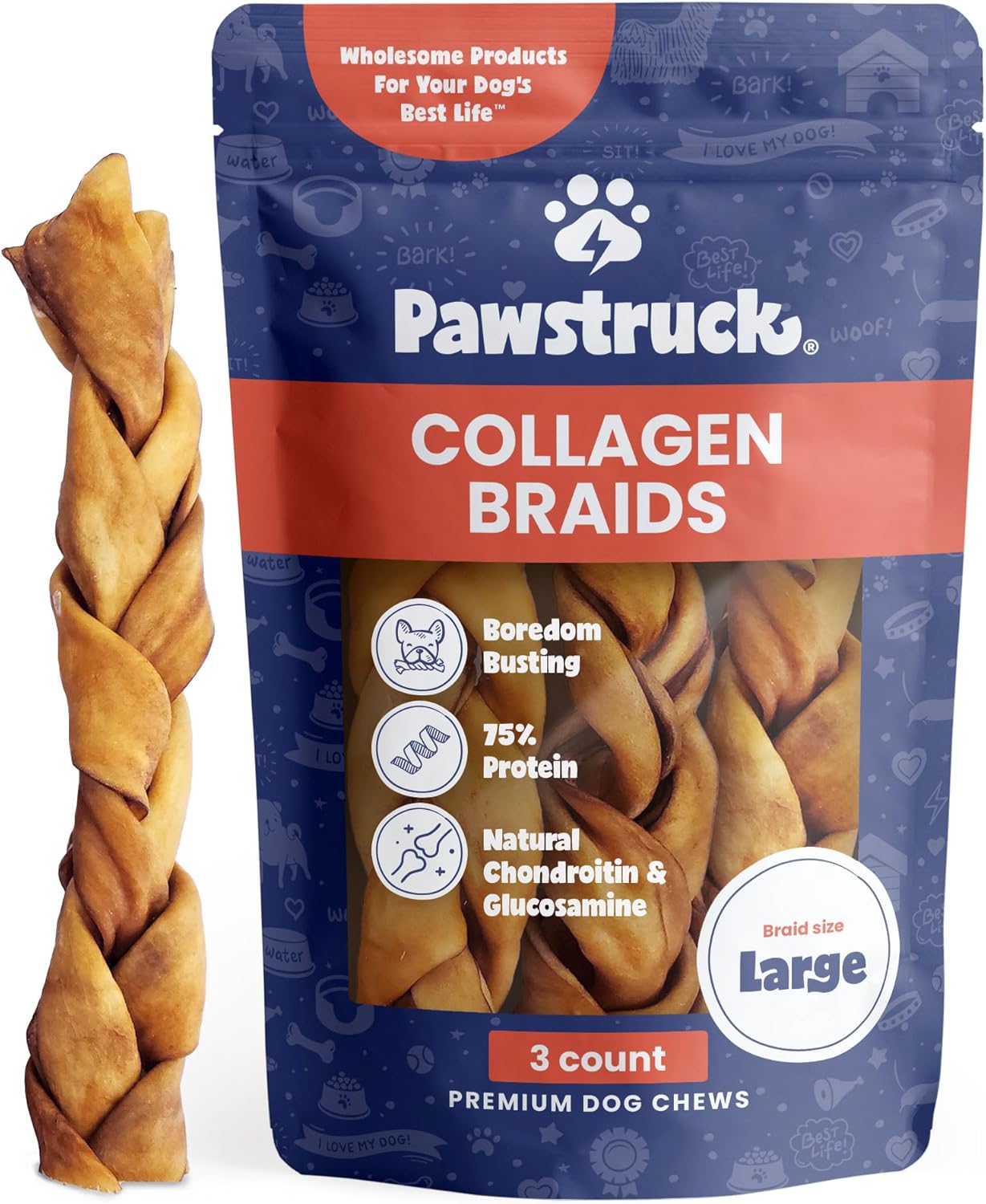 Pawstruck natural collagen braids for dogs, 3 pack, long-lasting rawhide alternative with chondroitin and glucosamine, 10-13 inches, large size