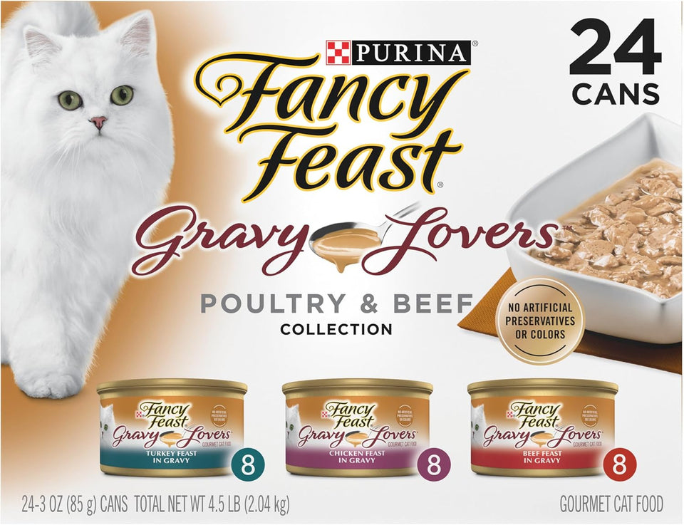 PLrina Fancy Feast Gravy Lovers Poultry and Beef Grilled Gourmet Wet Cat Food Variety Pack - (Pack of 24) 3 oz. Cans