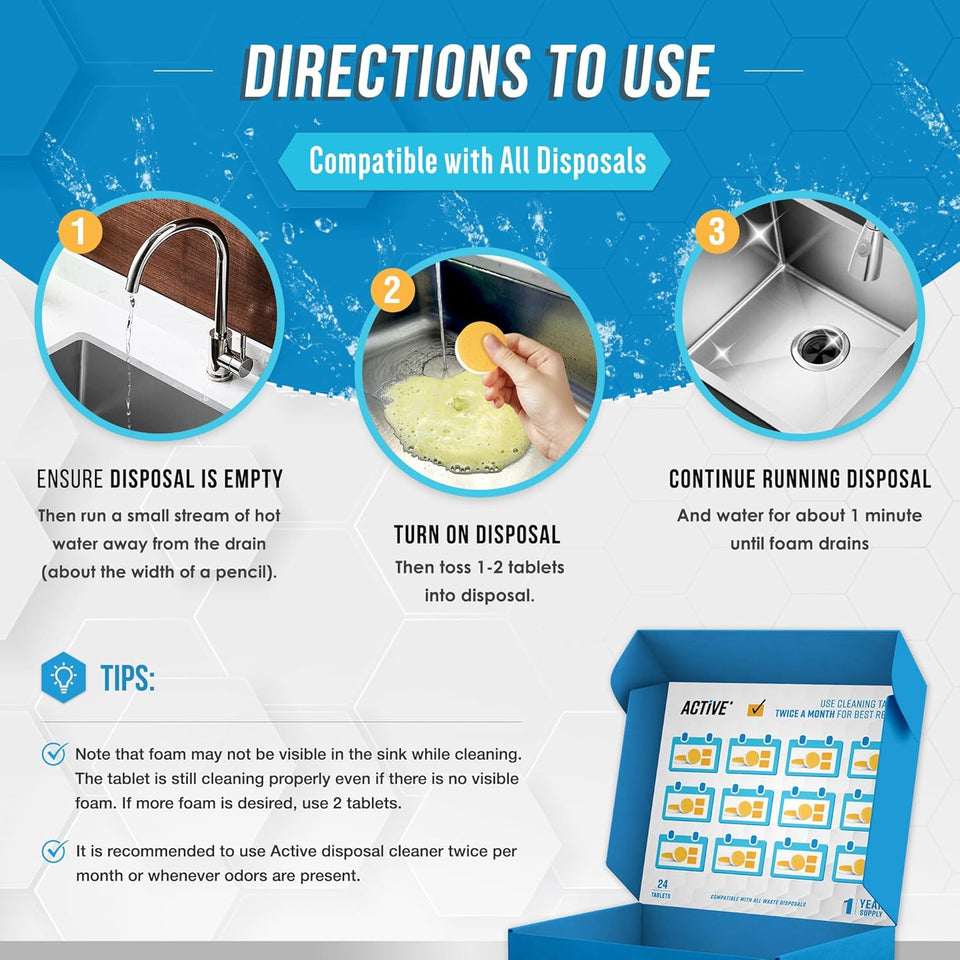Garbage Disposal Cleaner Deodorizer Tablets - 24 Pack, New Powerful XL Foaming Tablet - Fresh Citrus Foam Sink Garburator Disposer Freshener, Natural Kitchen Drain Cleaning Care - 1 Year Supply - PureLivingMart