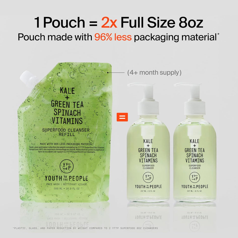 Youth To The People Superfood Facial Cleanser - Kale + Green Tea Daily Face Wash, Gently Removes Makeup, SPF, and Oils, Soothing Antioxidants for Glowing Skin, pH Balance, Clean Pores, Refillable