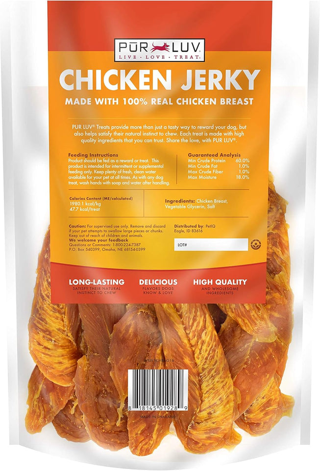 Pur Luv Chicken Jerky Dog Treats, Made with 100% Real Chicken Breast, 16 Ounces, Healthy, Easily Digestible, Long-Lasting, High Protein, Satisfies Dog's Urge to Chew