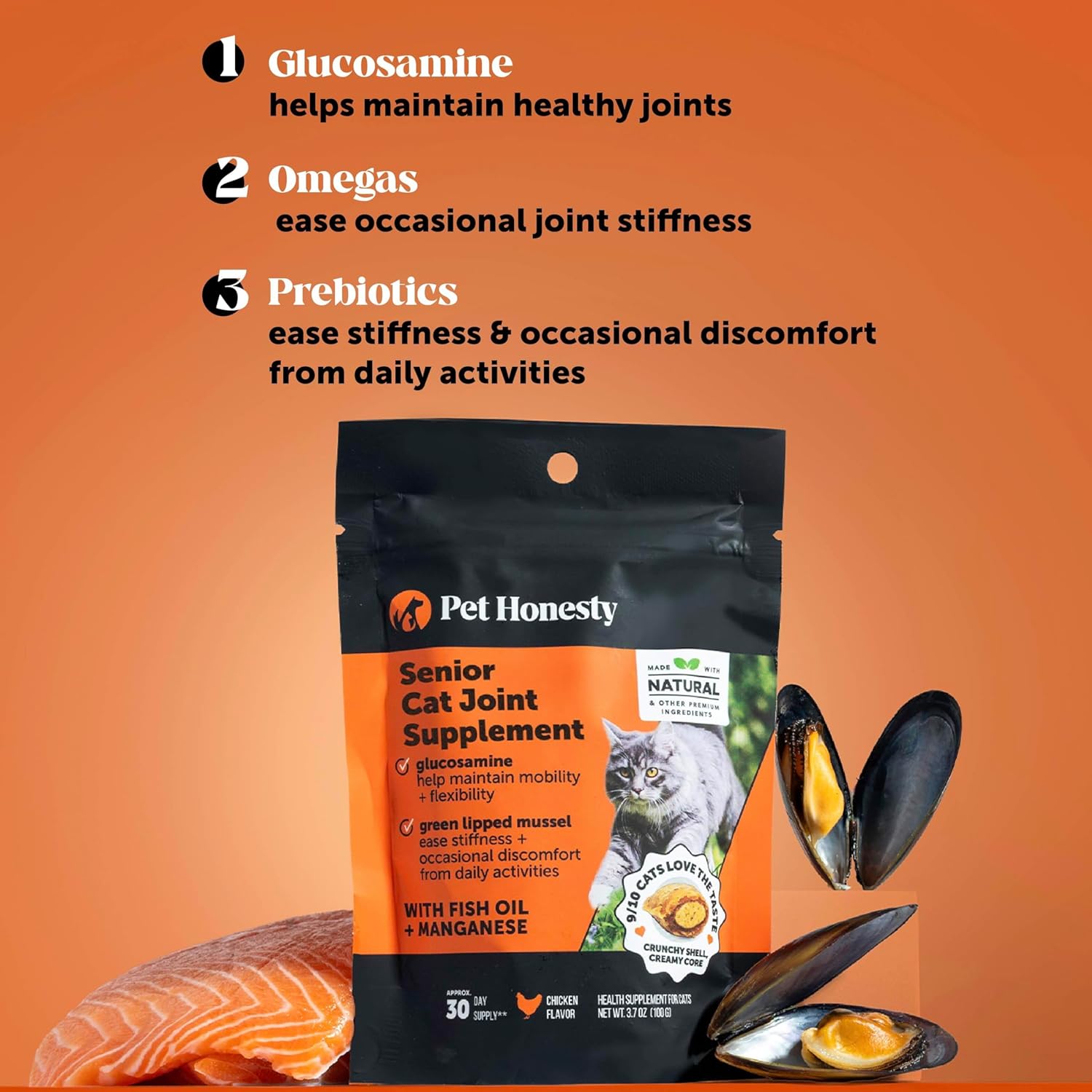 Cat Hip + Joint Health Chews – Crunchy & Creamy Cat Joint Support Supplement - Glucosamine, Chondroitin & Omega-3s – Supports Mobility, Flexibility & Comfort for Indoor & Outdoor Cats (Chicken 30-Day)