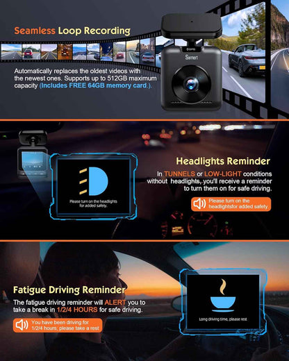 Sarmert C2 4K Dual Dash Cam Front and Rear - Built-in GPS and 5G WiFi, Free 64GB Card Included, 4K UHD Dash Camera for Cars, Night Vision, WDR, Loop Recording, App Control, 24H Parking Mode