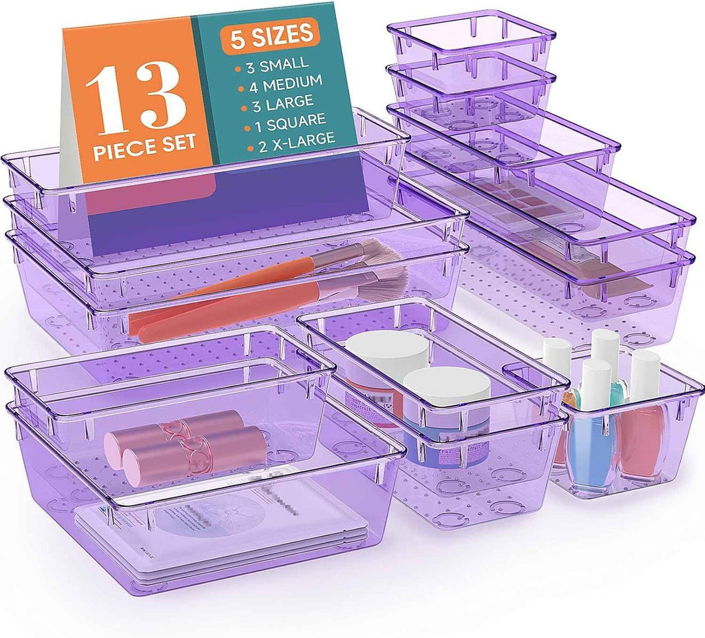16 PCS Drawer Organizer Set, 5 Varied Size Bathroom and kitchen Drawer cabinet organizer Trays, Clear Storage Bins for Makeup, Jewelry, Utensils and Gadgets