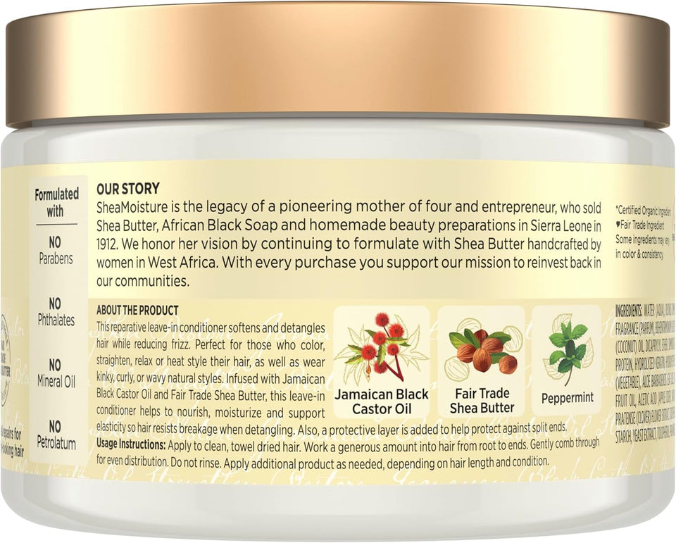 SheaMoisture Jamaican Black Castor Oil Leave In Conditioner 100% Pure Jamaican Black Castor Oil For Damaged Hair to Soften and Detangle Hair 11.5 oz