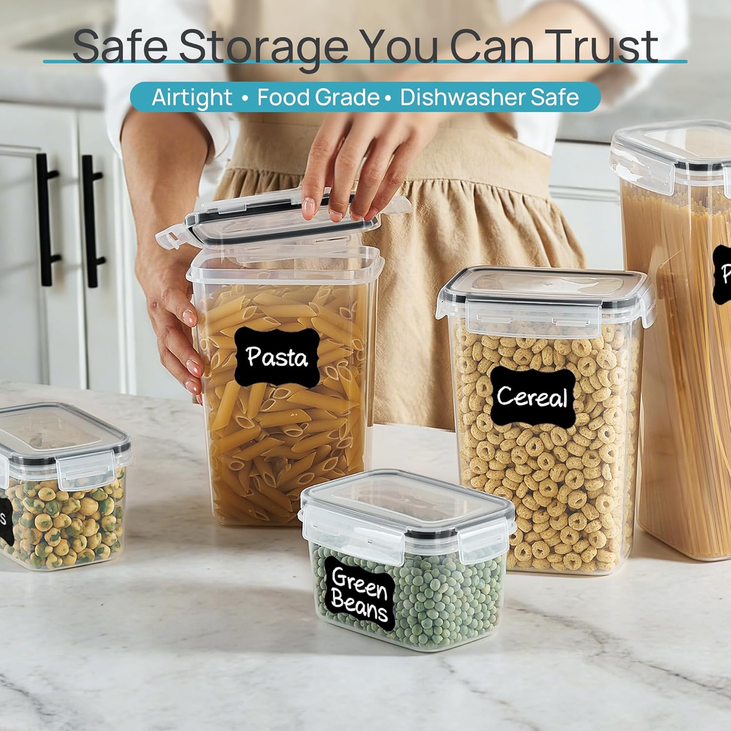 Airtight Food Storage Containers with Lids, Vtopmart 24 pcs Plastic Kitchen and Pantry Organization Canisters for Cereal, Dry Food, Flour and Sugar, BPA Free, Includes 24 Labels，Black