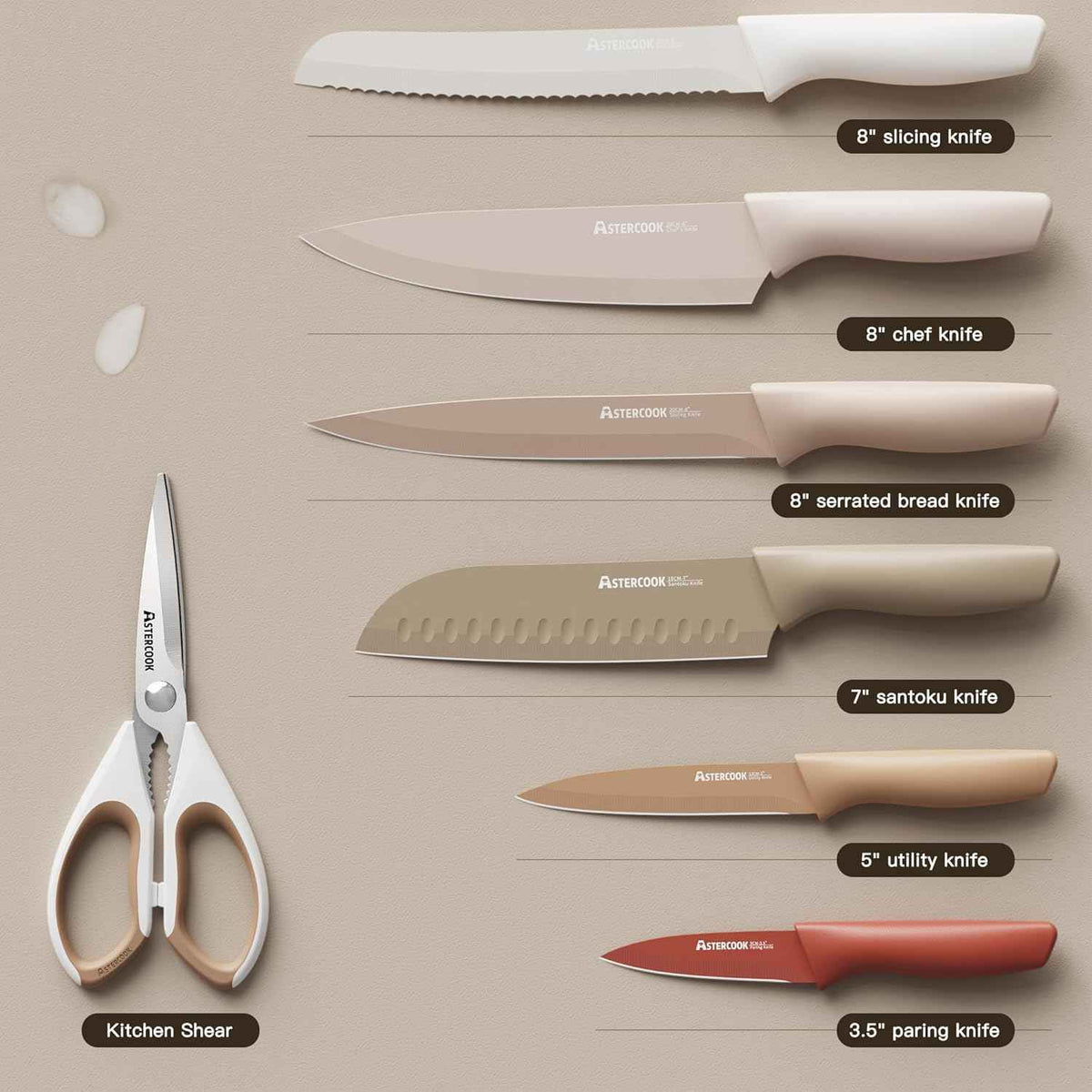 Astercook 13-Piece Kitchen Knife Set, Healthy Anti-Rust Coating, Dishwasher Safe, Stainless Steel