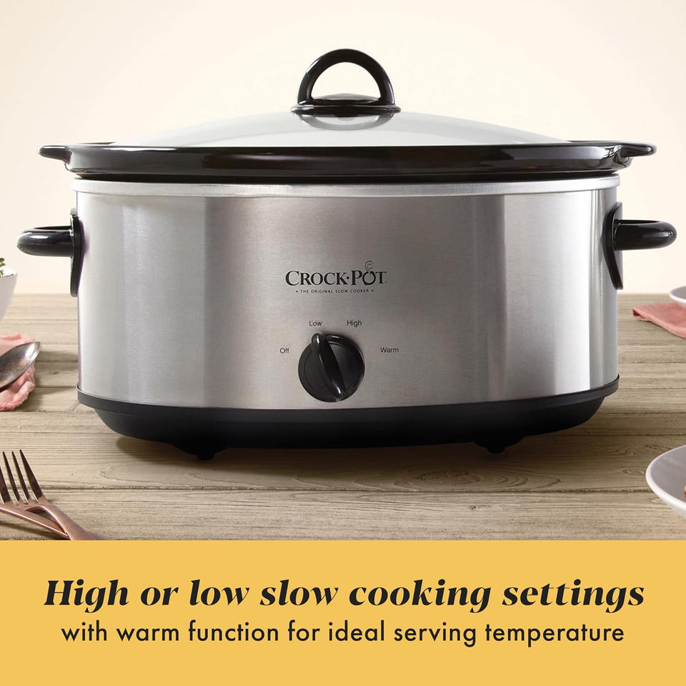 Crock-Pot 7-Quart Manual Slow Cooker, Family Size Serves 8+ People & Fits 6-lb Roast, Removable Stoneware with Warming Setting, Dishwasher Safe for Easy Cleanup, Stainless Steel