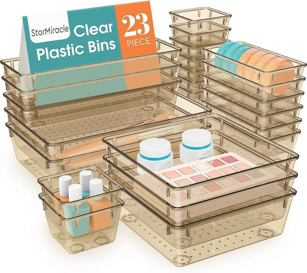 16 PCS Drawer Organizer Set, 5 Varied Size Bathroom and kitchen Drawer cabinet organizer Trays, Clear Storage Bins for Makeup, Jewelry, Utensils and Gadgets