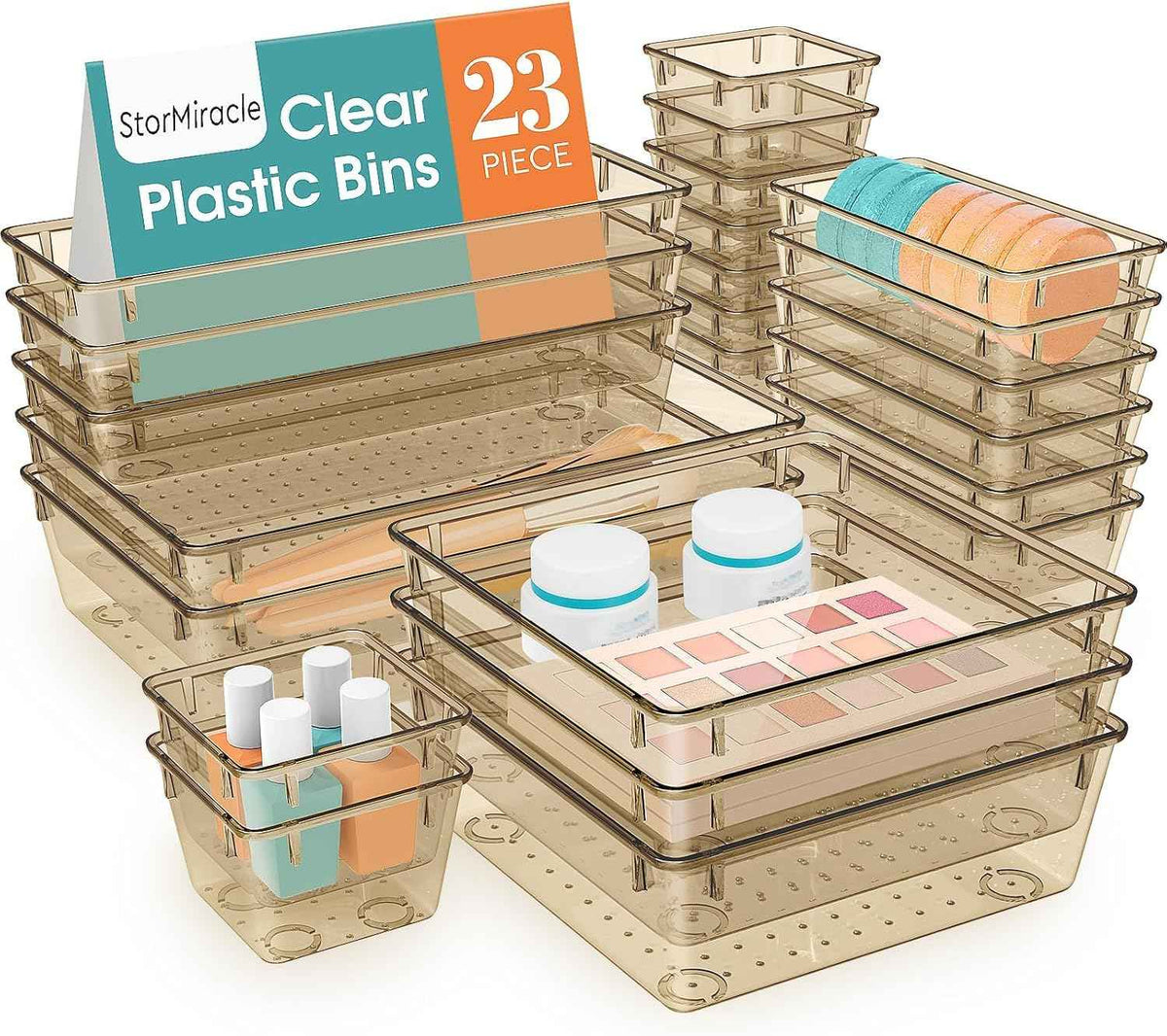 16 PCS Drawer Organizer Set, 5 Varied Size Bathroom and kitchen Drawer cabinet organizer Trays, Clear Storage Bins for Makeup, Jewelry, Utensils and Gadgets