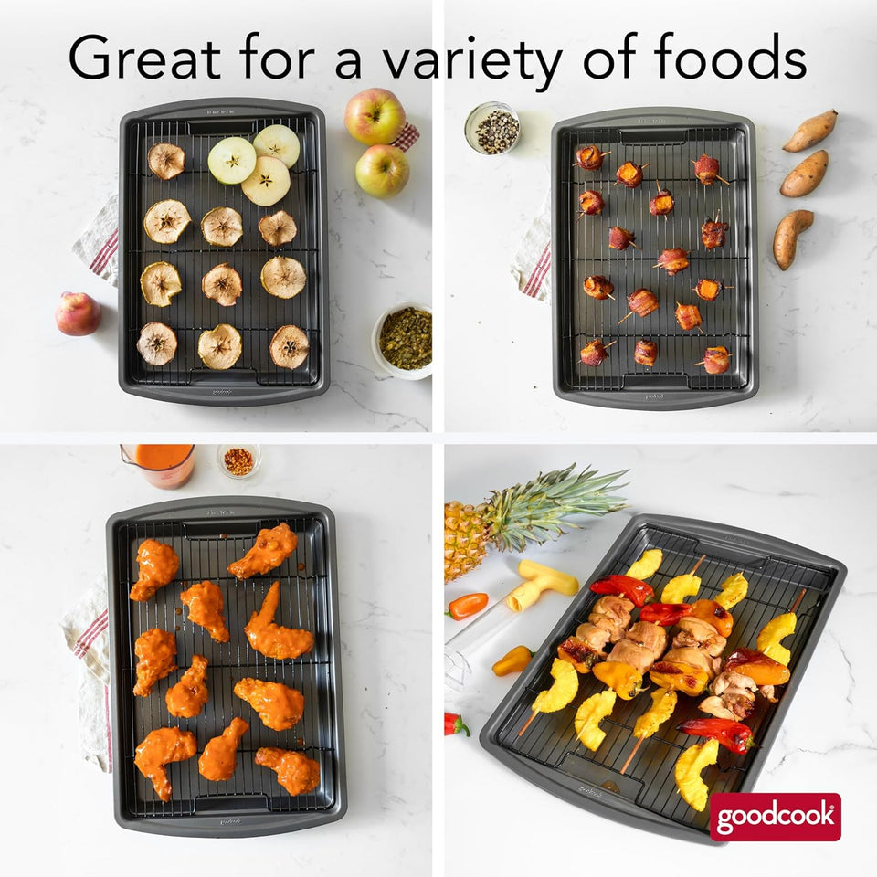 GoodCook 15” x 10.5” Nonstick Carbon Steel Baking Pan & Raised Wire Rack – Pizza Crisper, Crispy Bacon, MultiPLrpose Cooking Sheet Pan, Cooling Rack, Kitchen Cookware Set, Dishwasher Safe