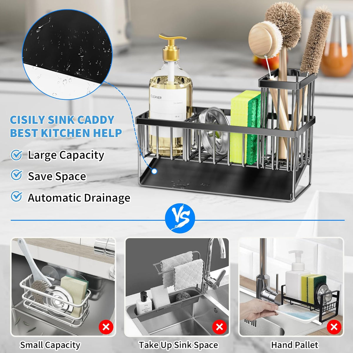 Cisily Kitchen Sink Caddy Organzier with High Brush Holder, Sponge Holder for Sink, 304 Rustproof Stainless, Kitchen Countertop Soap Dispenser Organizer, Kitchen Decor and Accessories