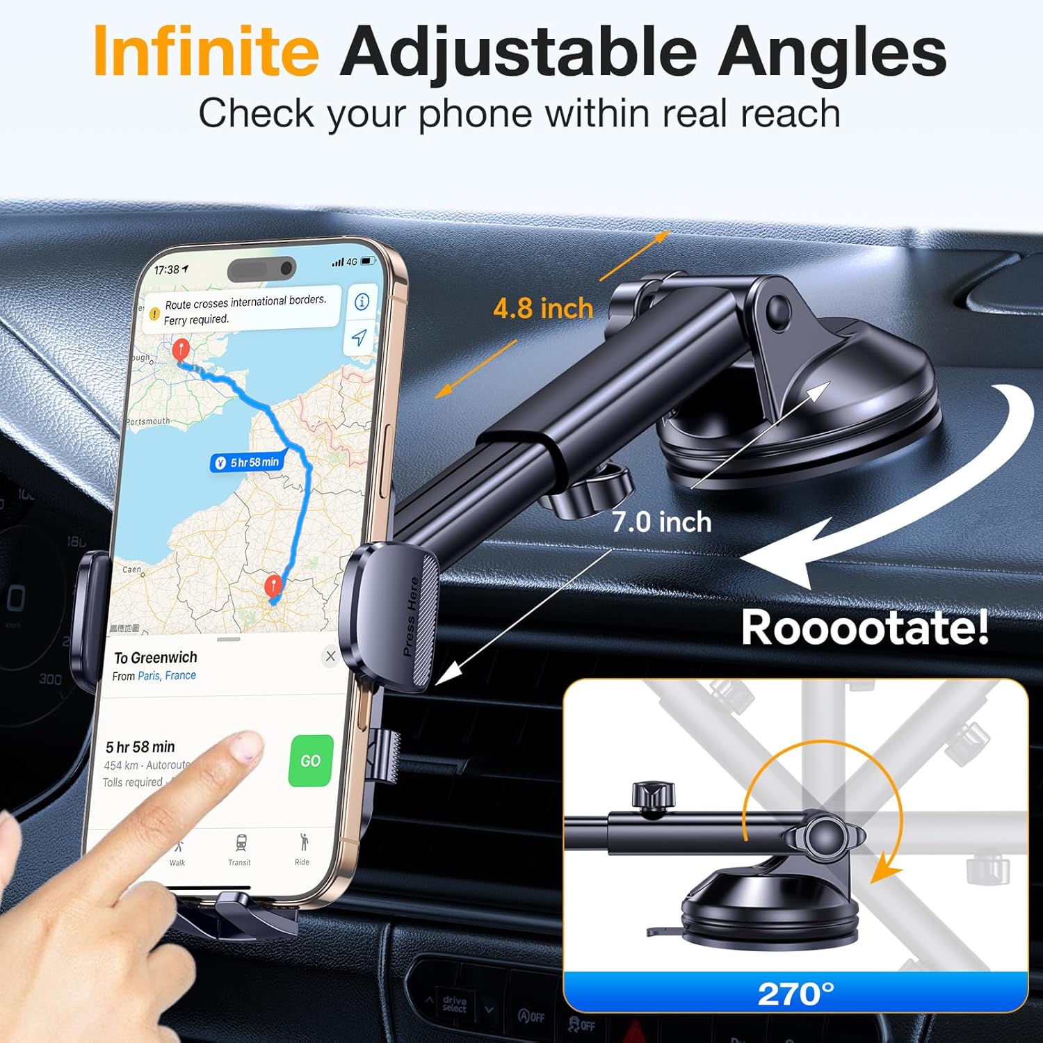 Romuto Phone Holders for Your Car Phone Holder Mount【Super Suction】Cell Phone Mount for Car Accessories for Women Men Windshield/Vent/Dashboard Pad Mount Truck Stand GPS Dash Holder for iPhone Samsung